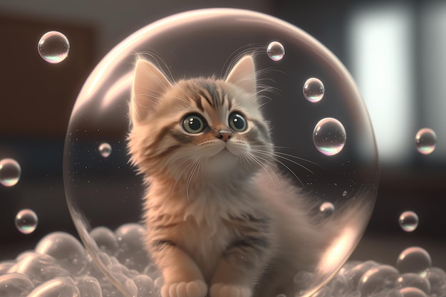 A cute japanese anime style kitten cat in soap bubble