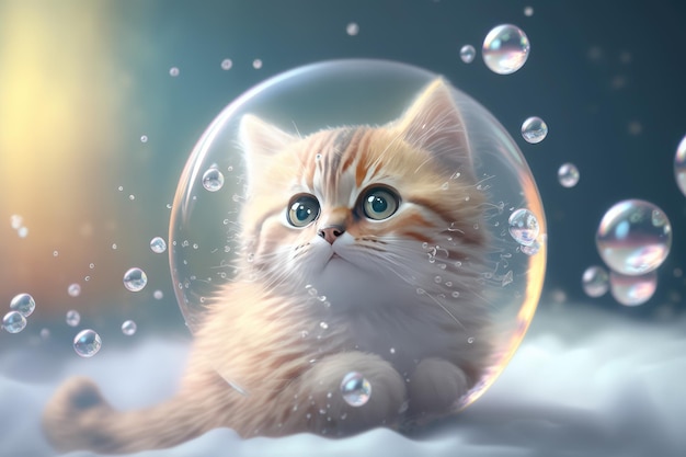 A cute japanese anime style kitten cat in soap bubble