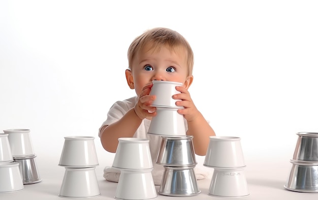 白い背景に分離されたカップのスタックで遊ぶかわいいうれしそうな赤ちゃん