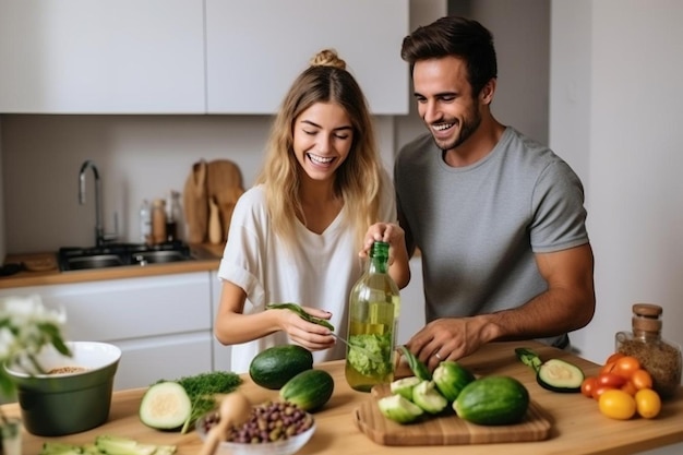 Photo cute joyful couple cooking together and adding spice to meal