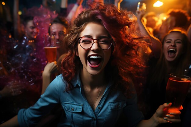 Photo cute joyful girl student in glasses with a glass of alcohol at a fun party in a bar club with friends unbridled drunken fun of office colleagues celebrating christmas birthday successful deal