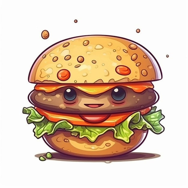 Cute juicy cheeseburger cartoon illustration on white background