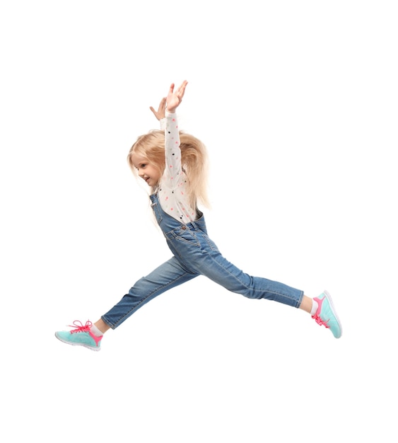 Cute jumping girl on white background