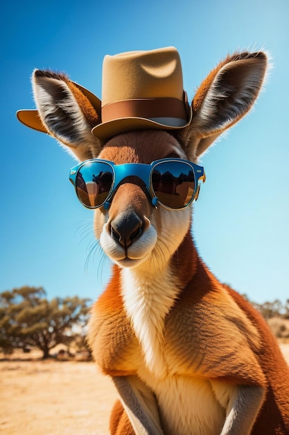 a cute kangaroo wearing sunglasses and hat