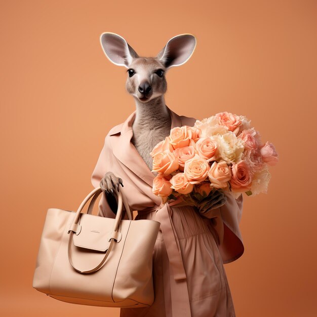 Фото Милый кенгуру с букетом цветов и сумкой на светлом персиковом фоне