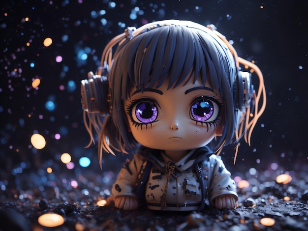 Cute kawai illustration with galaxy background cute character with headphone