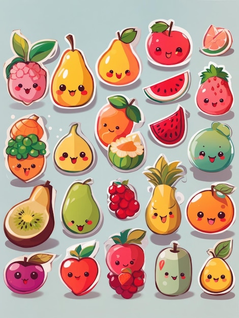 Photo cute kawaii animals and fruit sticker