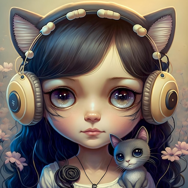 Cute Kawaii Anime brunette girl wearing headphones with cat ears illustartion