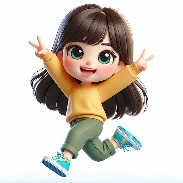 Cute kawaii Asian looking girl bouncing happily 3D