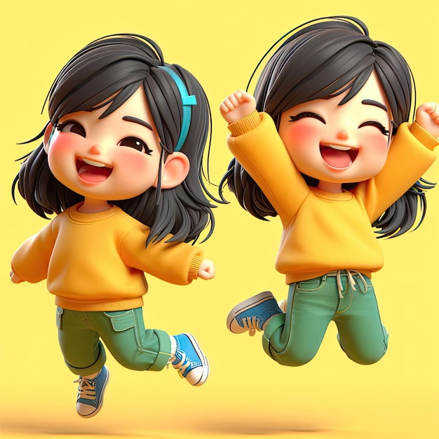 Cute kawaii Asian looking girl bouncing happily 3D