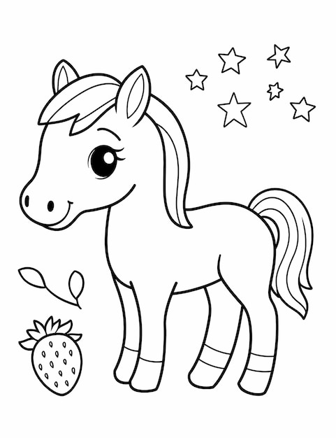 ストロベリーの黒と白のカラーリングで可愛いカワイイの赤ちゃんの馬 背景のない子供のためのフルボディイメージ