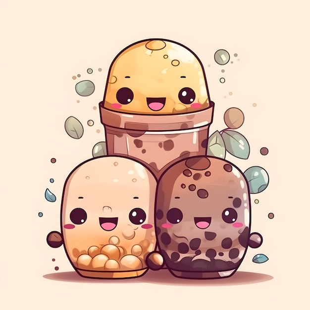 Cute kawaii bubble tea drinks cartoon characters