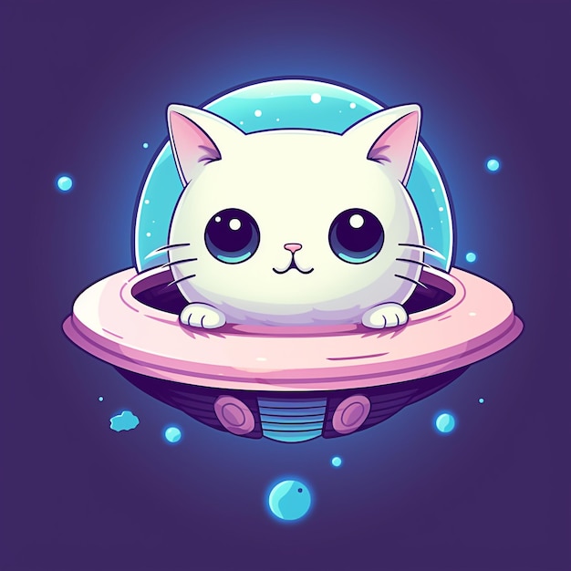 Cute Kawaii Cat Alien Riding Ufo Cartoon Illustration