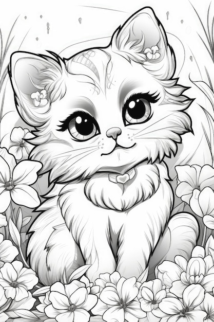 A Cute kawaii cat for coloring book flowery background Generative AI