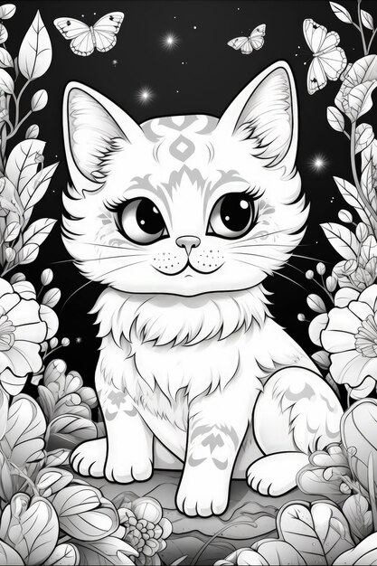 A Cute kawaii cat for coloring book flowery background Generative AI