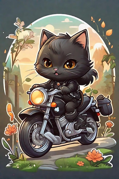 Foto carino gatto nero kawaii chibi che gira felicemente su una motocicletta