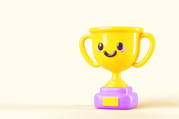 Cute kawaii funny golden cup smiling trophy or winner prize 3d render icon Cartoon isolated happy character for first place in game sport award Gold goblet with empty space banner 3D illustration