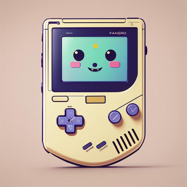 Cute Kawaii GameBoy Консоль с памятью Векторная иллюстрация Игровой талисман Логотип Классическая старая игра Nintendo Плоский мультфильмный стиль Подходит для веб-страницы Баннер Флаер наклейка Карта фон