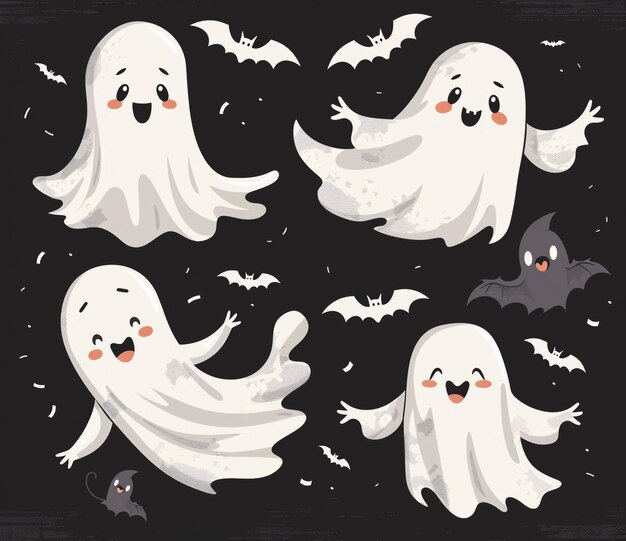 Photo cute kawaii ghost on spooky spider web adorable halloween illustration for festive designs