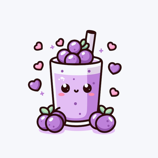 Photo cute and kawaii grape smoothie purple blueberry drink vector illustration with hearts