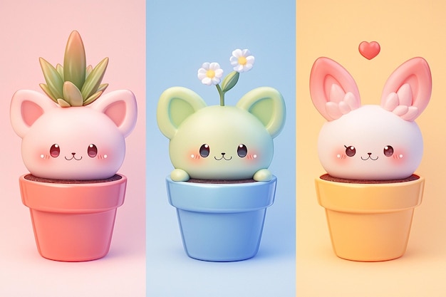 Cute kawaii house plants with heads in colorful pots illustration