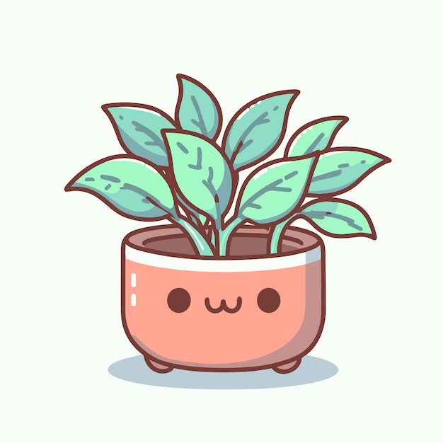 Cute kawaii houseplant in pot decorative green leaves gardening plant Vector illustration