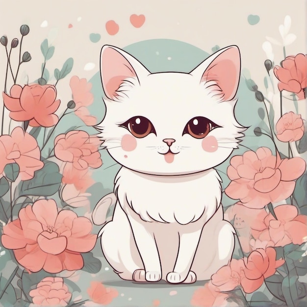 Photo cute kawaii illustration of a brown and white cat in japanese style
