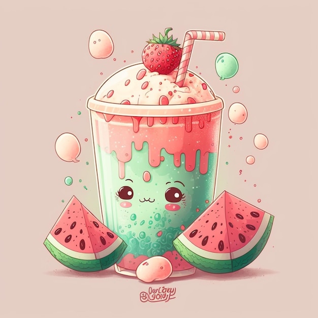 Cute Kawaii Illustration Watermelon Cold Drink