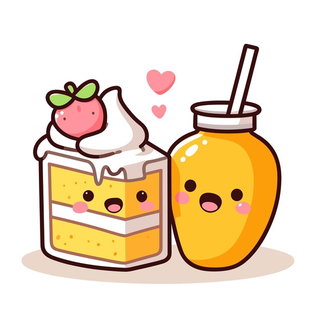 Photo cute and kawaii mango milkshake and cake slice with hearts vector illustration food icon