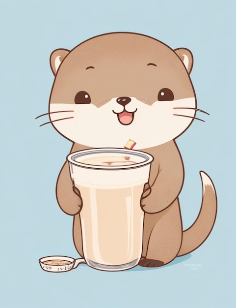 A cute kawaii otter with a contourstyle vector illustration holding a cup of milk tea