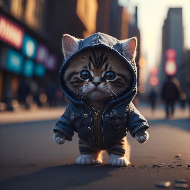 A cute Kawaii tiny hyper realistic baby cat wearing hip hop clothes city background