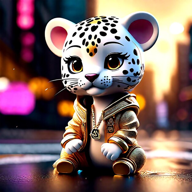 a cute kawaii tiny hyper realistic baby jaguar wearing hip hop clothes city background wide angle