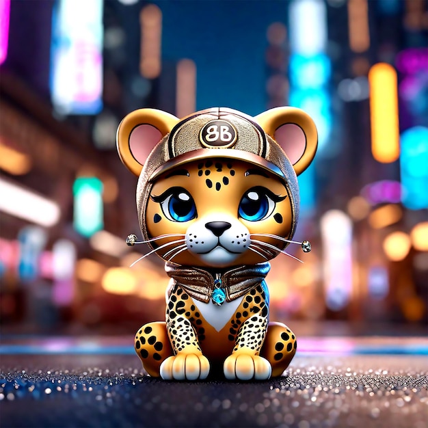 a cute kawaii tiny hyper realistic baby jaguar wearing hip hop clothes city background wide angle