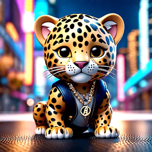 a cute kawaii tiny hyper realistic baby jaguar wearing hip hop clothes city background wide angle