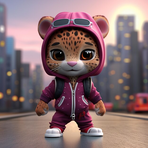 A cute Kawaii tiny hyperrealistic baby cat wearing hip hop clothes city background