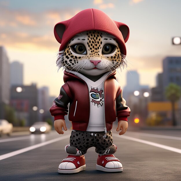 힙합 옷을 입고 도시 배경을 입고 있는 귀여운 카와이 작은 초현실적인 아기 고양이