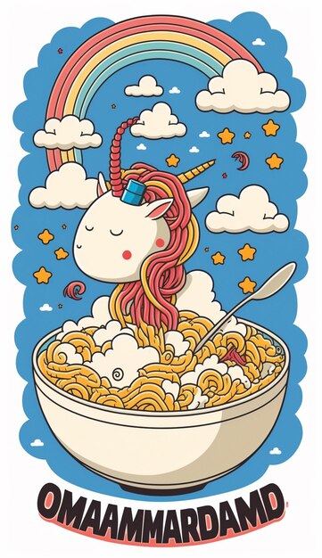 Foto carino kawaii unicorno grafico che mangia ramen