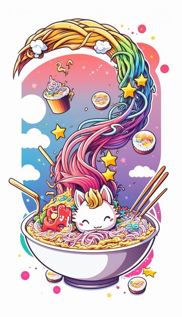 Foto carino kawaii unicorno grafico che mangia ramen