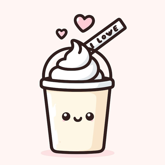 Cute and kawaii vanilla milkshake cup with whipped cream and hearts Vector illustration icon
