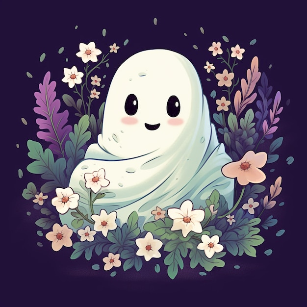 Cute Kawaii watercolor Halloween ghost with flowers