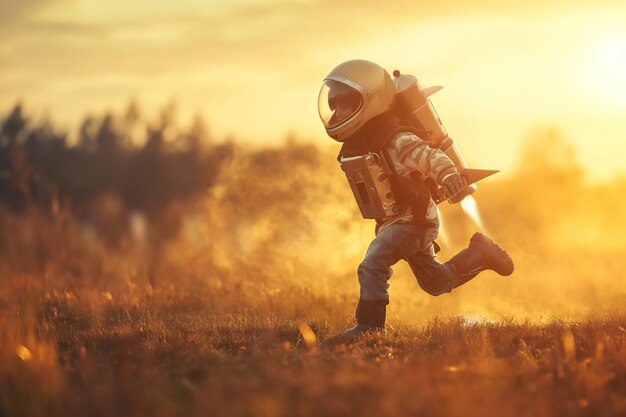 Photo cute kid dressed like astronaut imagining him flying on the moon