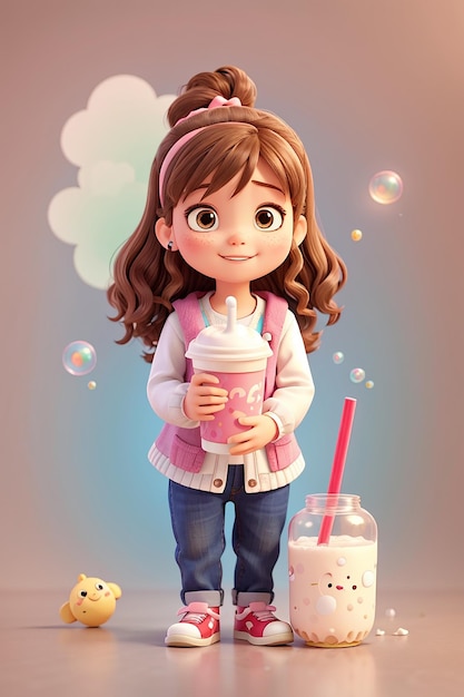 Cute kid girl holding bubble milk tea hand drawn cartoon character illustration