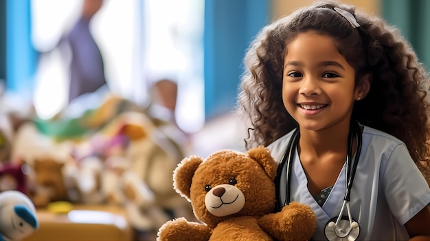 Cute kid girl playing doctor in doctors scrub suit with plush toy at hospital