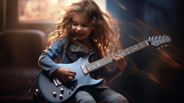 Photo a cute kid girl playing electric guitar