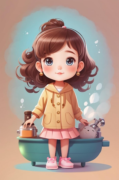 Photo cute kid girl steamer with a hair treatment hand drawn cartoon character illustration