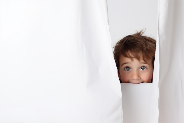 Photo cute kid hiding behind curtain generative ai