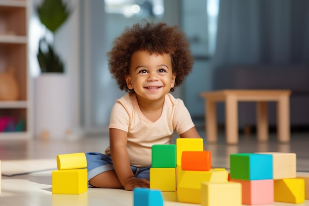 写真 部屋にブロックがあるリビングの可愛い子供