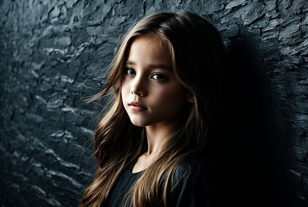 긴 머리카락을 가진 귀여운 아이 모델이 어두운 질감의 벽에서 바람에 부혀 카메라를 보고 있습니다.