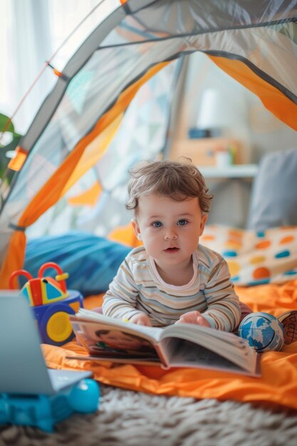 Foto bambino carino che legge una piccola storia circondato da dei giocattoli dentro la tenda mentre sua madre lavora con il portatile concetto di infanzia