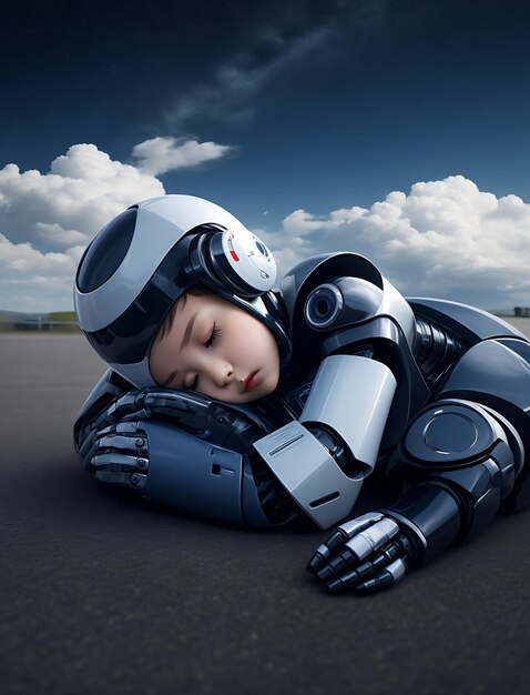 Cute kid robot sleeping